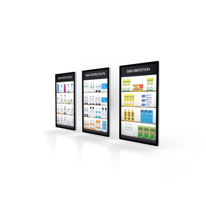 Drie verticale digitale displays met productpresentatie voor huidverzorging in de apotheek